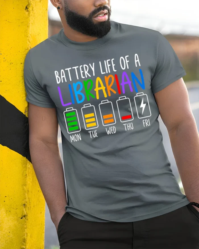Battery Life of a Librarian T-Shirt Funny Workweek - model in grey shirt leaning against column