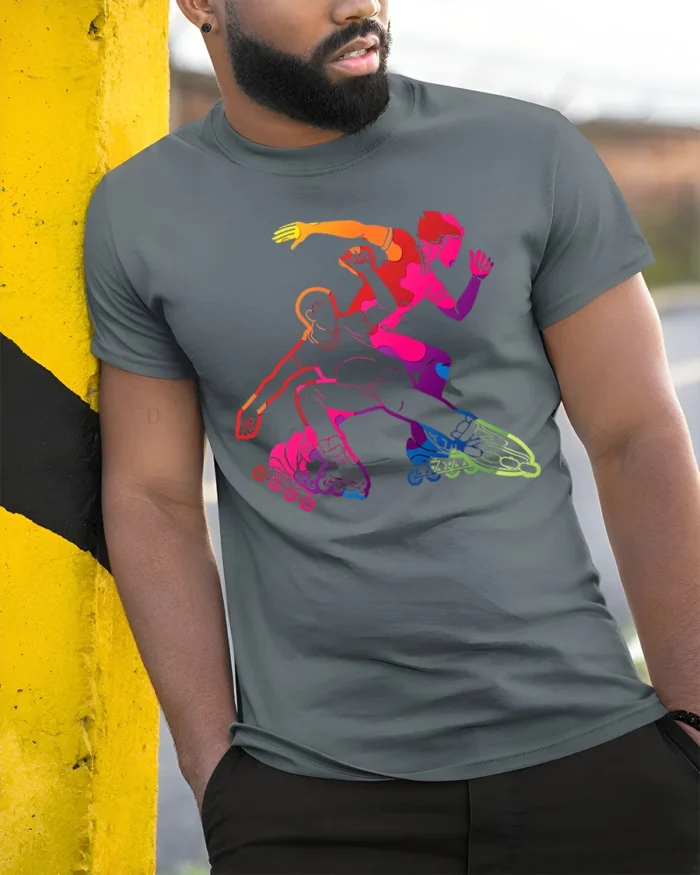 Colorful Inline Skating T-Shirt Rollerblade Action - model in grey shirt leaning against column