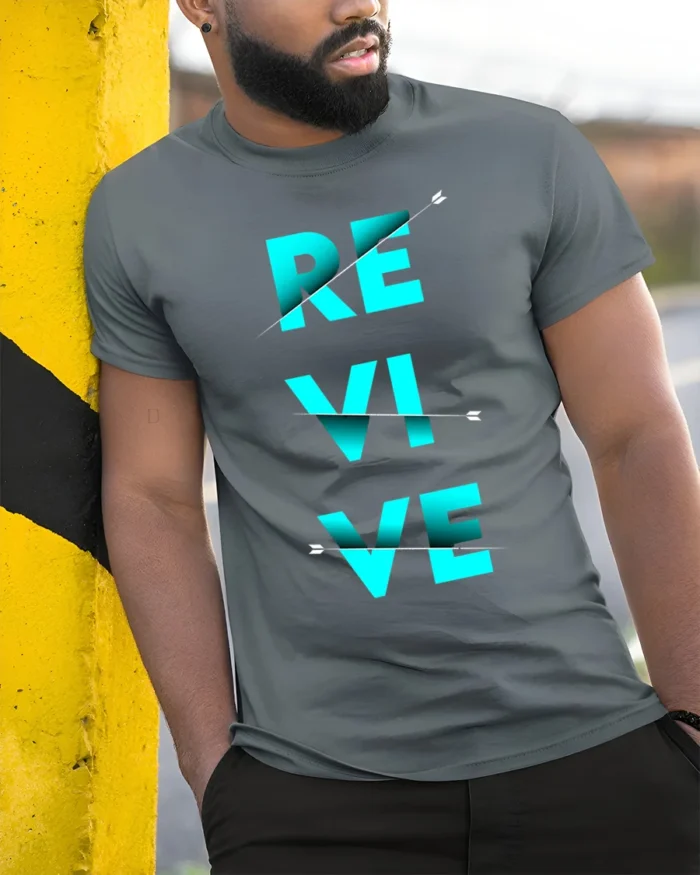 Revive Graphic T-Shirt Bold Blue Motivational Arrow - model in grey shirt leaning against column