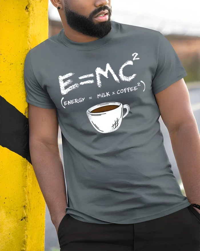 Funny Coffee Formula T-Shirt E=MC² Milk Coffee Energy - model in grey shirt leaning against column