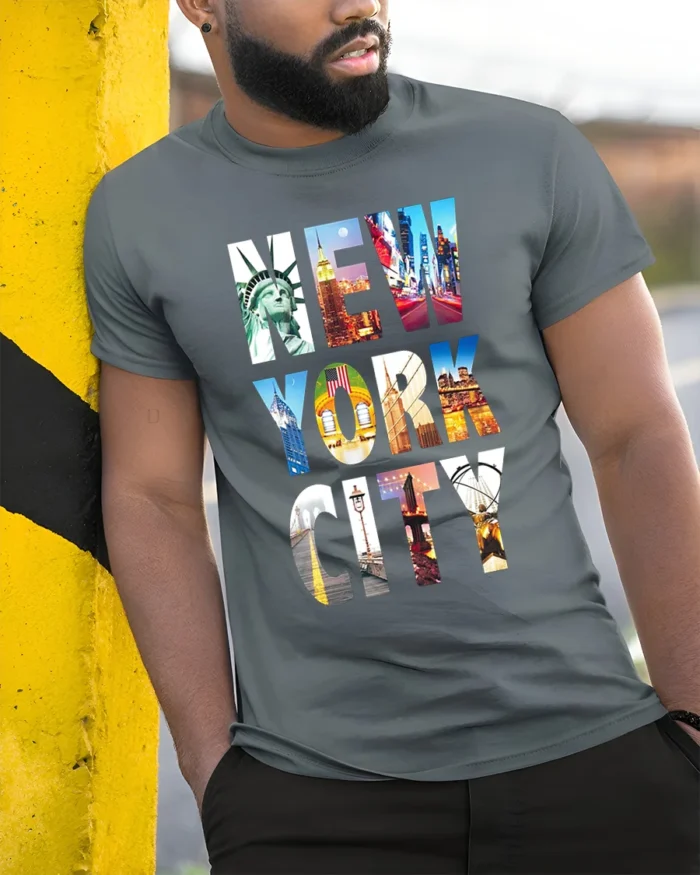 New York City Landmarks T-Shirt NYC Skyline Graphic - model in grey shirt leaning against column