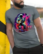 Astronaut Playing Guitar T-Shirt Space Rock Music - model in grey shirt leaning against column