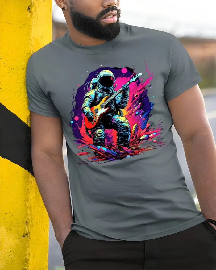 Astronaut Playing Guitar T-Shirt Space Rock Music - model in grey shirt leaning against column