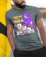 One Day at a Time Skeleton T-Shirt Grim Reaper Graphic - model in grey shirt leaning against column