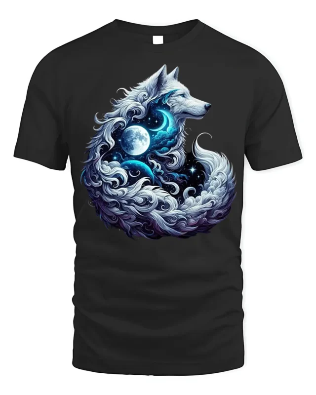 Mystic Wolf Moon Galaxy Spirit Animal Graphic T-Shirt - black t-shirt on white background