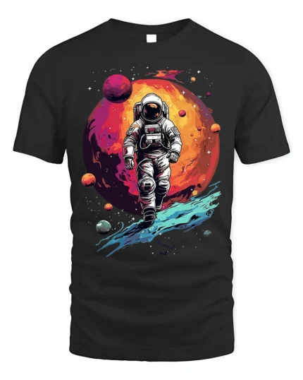 Retro Astronaut Spacewalk Galaxy Adventure T-Shirt - black t-shirt on white background