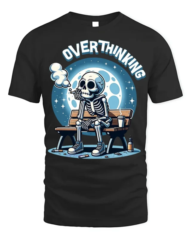 Overthinking Skeleton Sitting on Bench Graphic T-Shirt - black t-shirt on white background