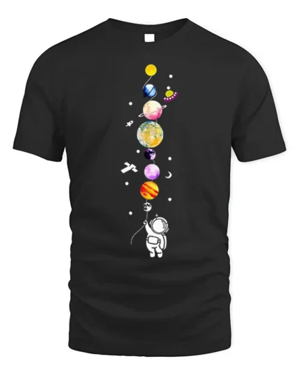 Cute Astronaut Holding Planets Balloon Galaxy T-Shirt - black t-shirt on white background