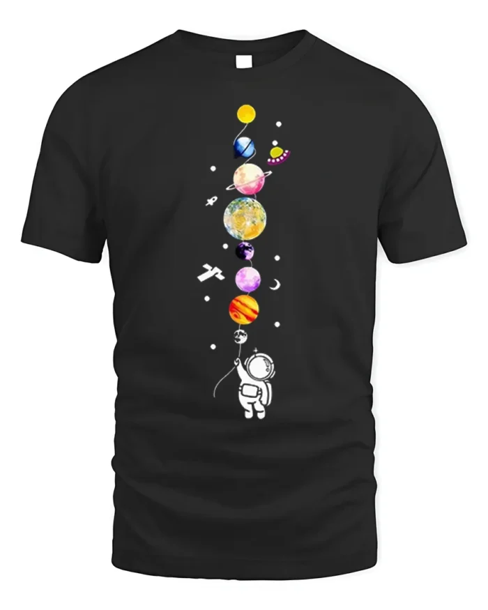 Cute Astronaut Holding Planets Balloon Galaxy T-Shirt - black t-shirt on white background