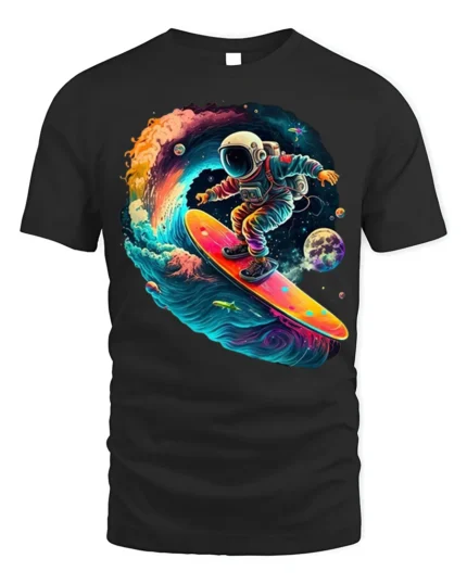 Astronaut Surfing Space Wave Retro Galaxy T-Shirt - black t-shirt on white background