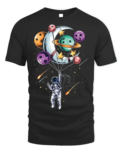 Astronaut Floating with Planet Balloons Space Art T-Shirt - black t-shirt on white background