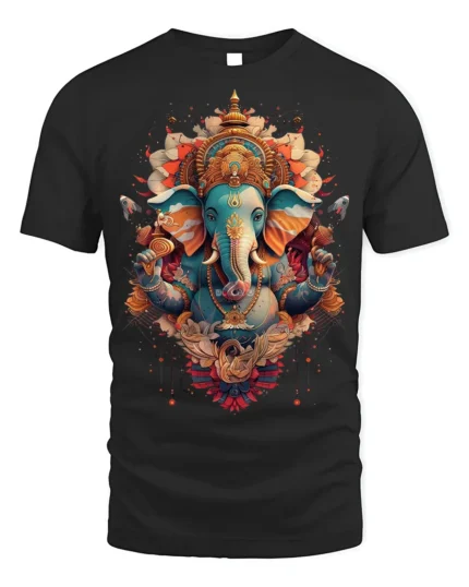 Colorful Lord Ganesha Hindu Art Spiritual T-Shirt Design - black t-shirt on white background