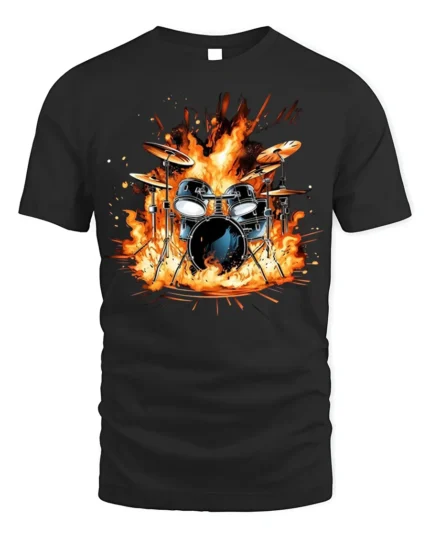 Drum Set on Fire T-Shirt Cool Rock Music Graphic - black t-shirt on white background