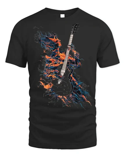 Flaming Guitarist T-Shirt Electric Fire Music Graphic - black t-shirt on white background