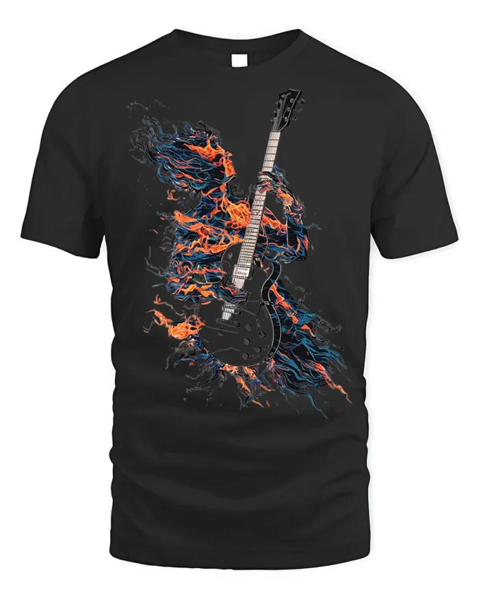 Flaming Guitarist T-Shirt Electric Fire Music Graphic - black t-shirt on white background