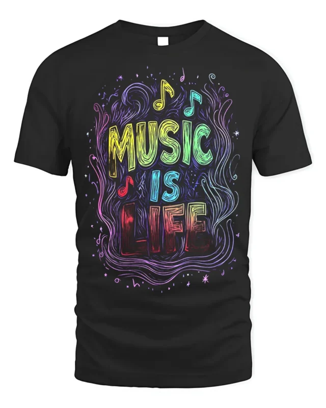 Music Is Life T-Shirt Colorful Neon Style Music Lover - black t-shirt on white background