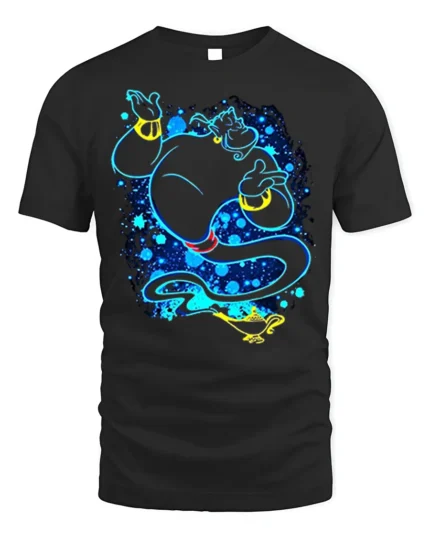 Magic Genie T-Shirt Blue Neon Cartoon Lamp Graphic - black t-shirt on white background