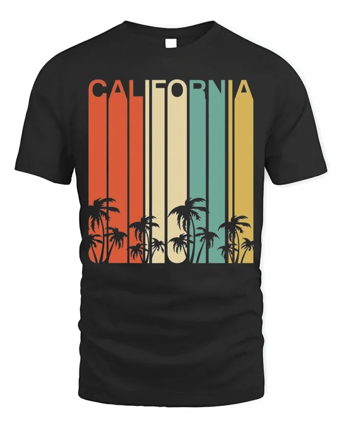 Retro California T-Shirt Vintage Sunset Palm Tree - black t-shirt on white background