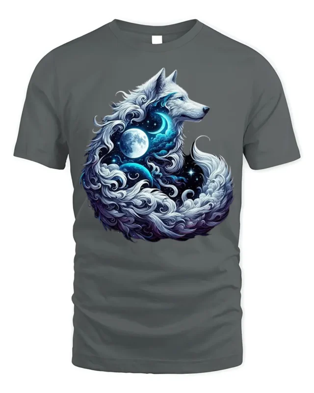 Mystic Wolf Moon Galaxy Spirit Animal Graphic T-Shirt - gray t-shirt on white background