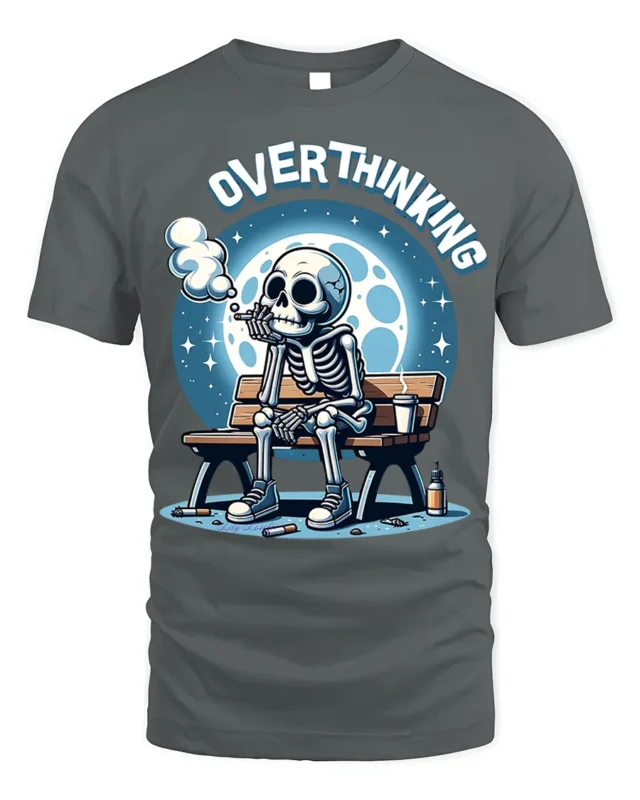 Overthinking Skeleton Sitting on Bench Graphic T-Shirt - gray t-shirt on white background