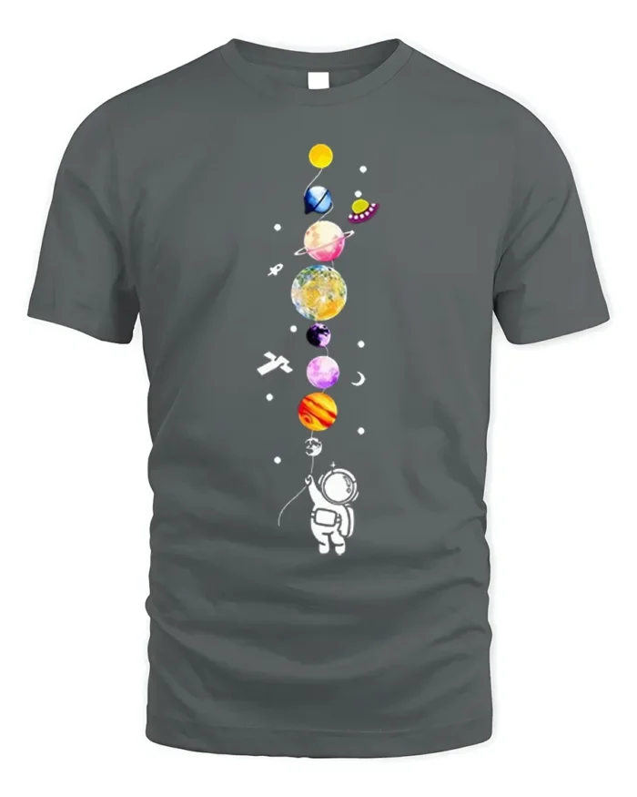 Cute Astronaut Holding Planets Balloon Galaxy T-Shirt - gray t-shirt on white background