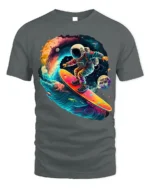 Astronaut Surfing Space Wave Retro Galaxy T-Shirt - gray t-shirt on white background
