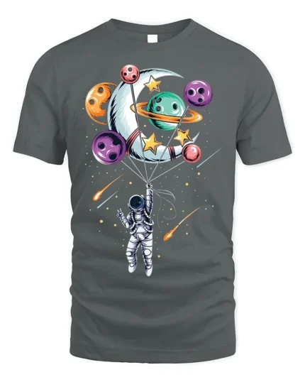 Astronaut Floating with Planet Balloons Space Art T-Shirt - gray t-shirt on white background