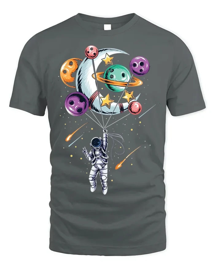 Astronaut Floating with Planet Balloons Space Art T-Shirt - gray t-shirt on white background