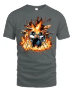 Drum Set on Fire T-Shirt Cool Rock Music Graphic - gray t-shirt on white background