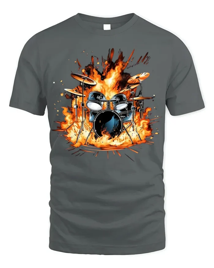 Drum Set on Fire T-Shirt Cool Rock Music Graphic - gray t-shirt on white background