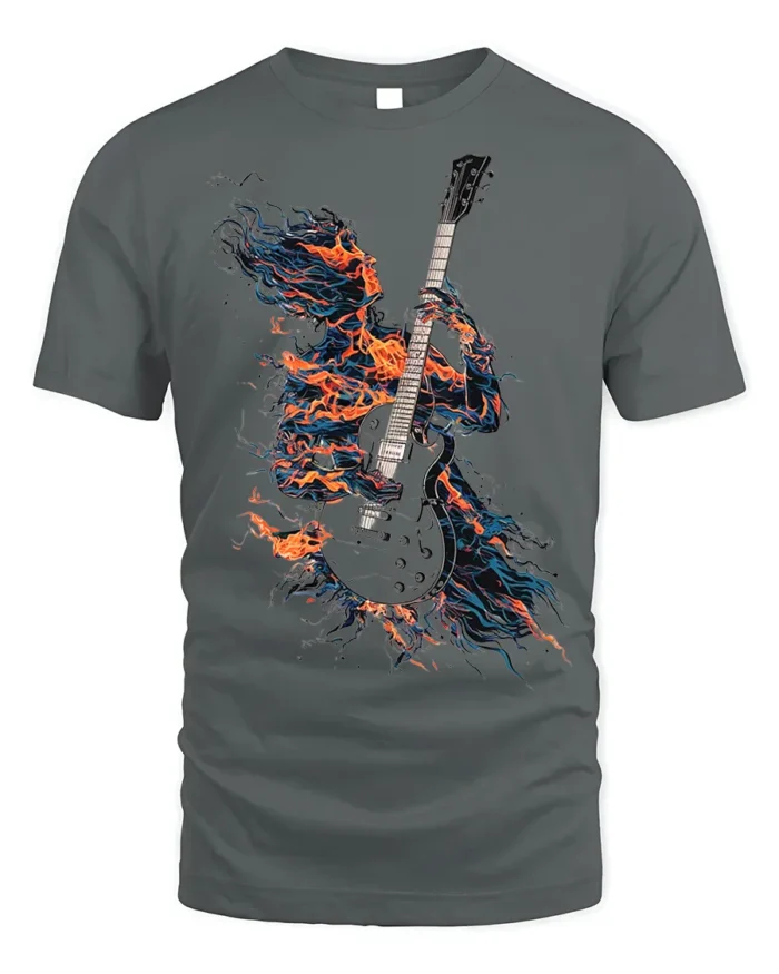 Flaming Guitarist T-Shirt Electric Fire Music Graphic - gray t-shirt on white background