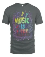 Music Is Life T-Shirt Colorful Neon Style Music Lover - gray t-shirt on white background