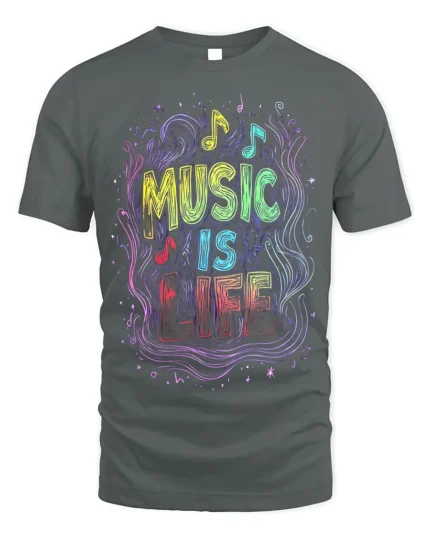 Music Is Life T-Shirt Colorful Neon Style Music Lover - gray t-shirt on white background