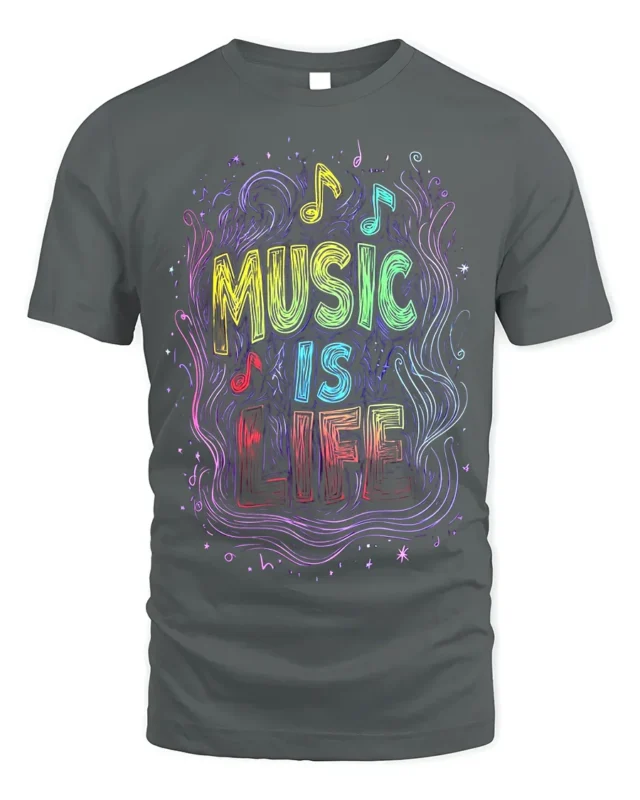 Music Is Life T-Shirt Colorful Neon Style Music Lover - gray t-shirt on white background