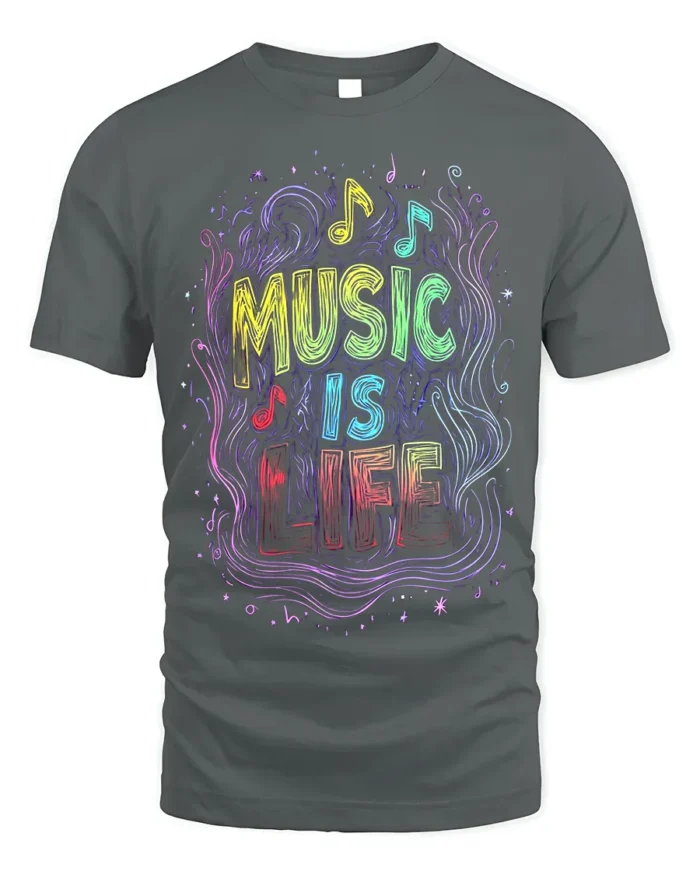 Music Is Life T-Shirt Colorful Neon Style Music Lover - gray t-shirt on white background