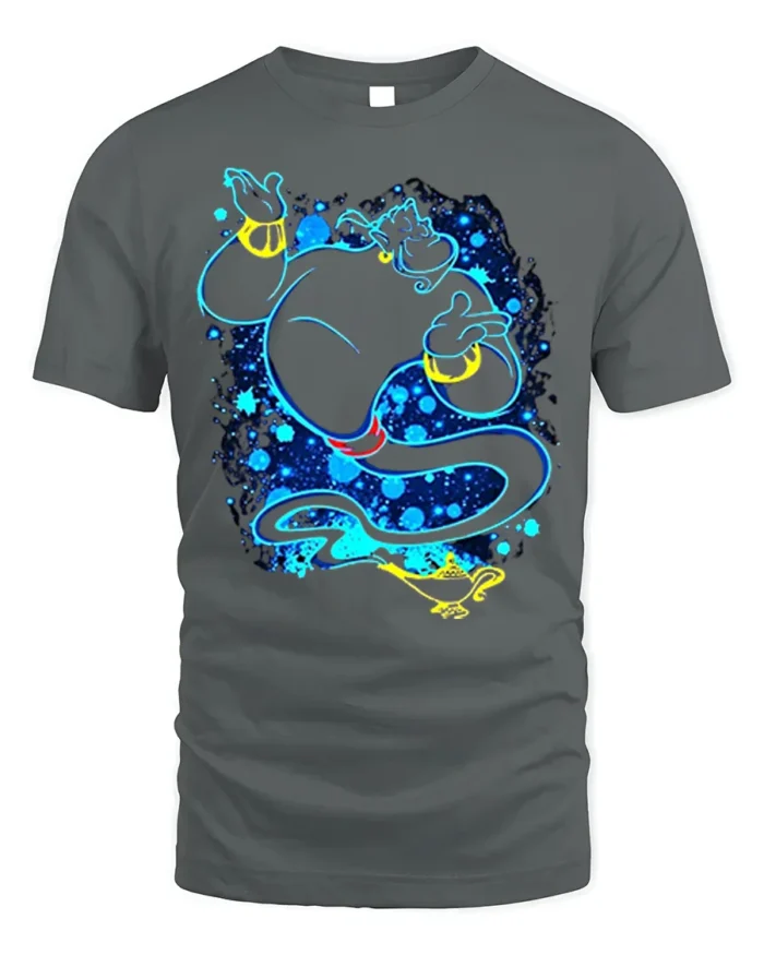 Magic Genie T-Shirt Blue Neon Cartoon Lamp Graphic - gray t-shirt on white background