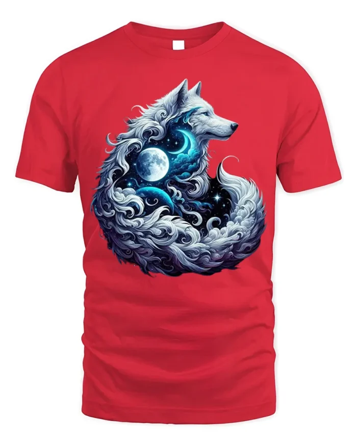 Mystic Wolf Moon Galaxy Spirit Animal Graphic T-Shirt - red t-shirt on white background