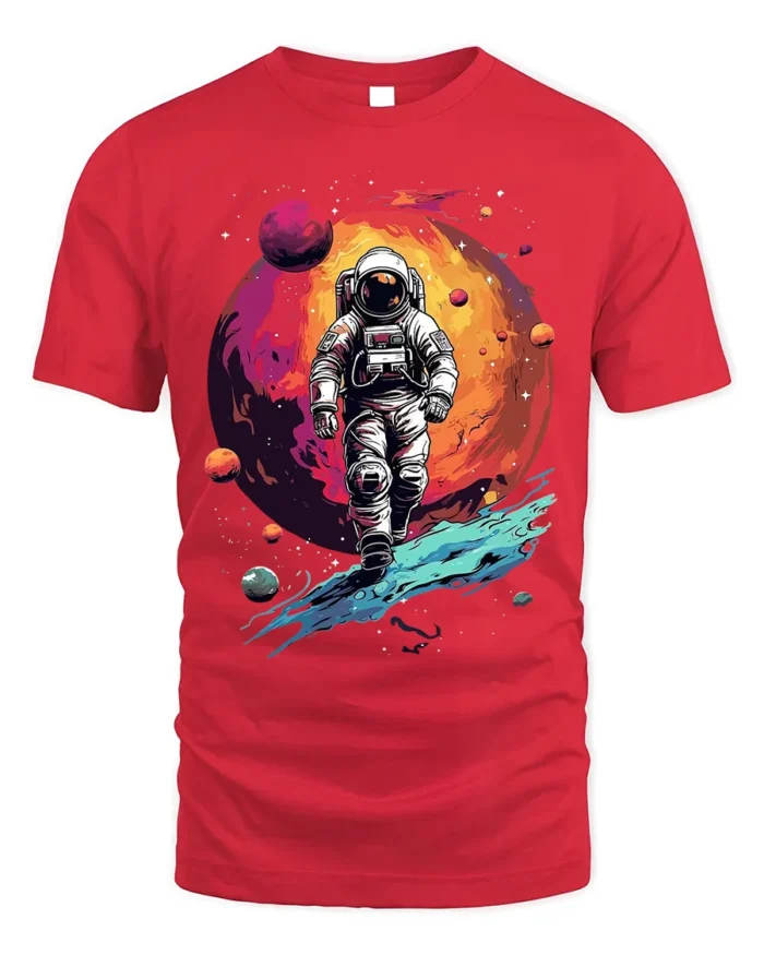 Retro Astronaut Spacewalk Galaxy Adventure T-Shirt - red t-shirt on white background