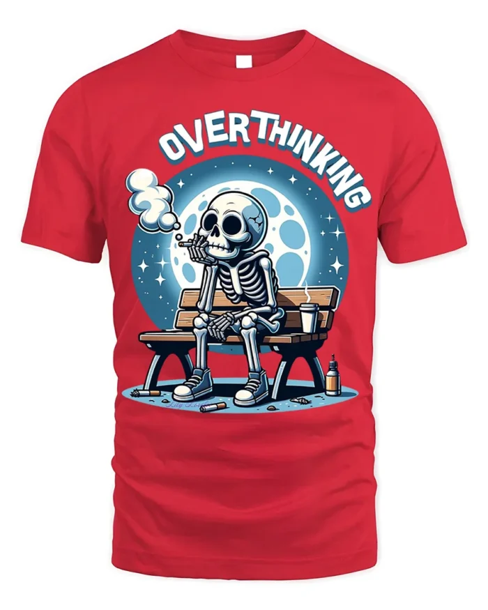Overthinking Skeleton Sitting on Bench Graphic T-Shirt - red t-shirt on white background