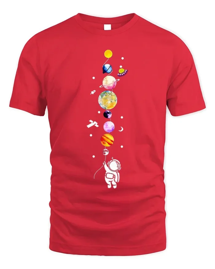Cute Astronaut Holding Planets Balloon Galaxy T-Shirt - red t-shirt on white background