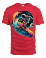 Astronaut Surfing Space Wave Retro Galaxy T-Shirt - red t-shirt on white background