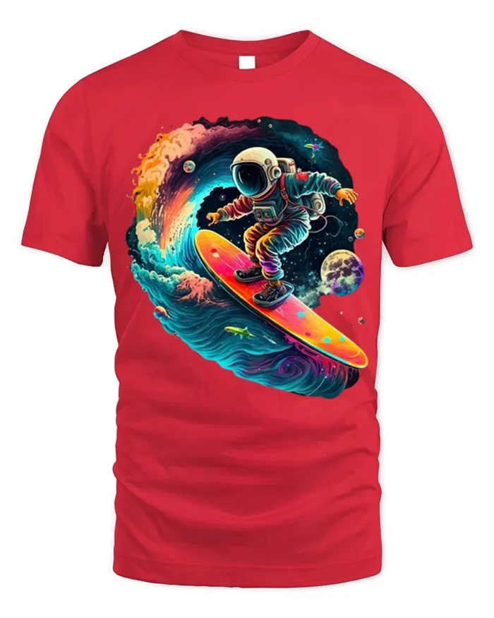 Astronaut Surfing Space Wave Retro Galaxy T-Shirt - red t-shirt on white background