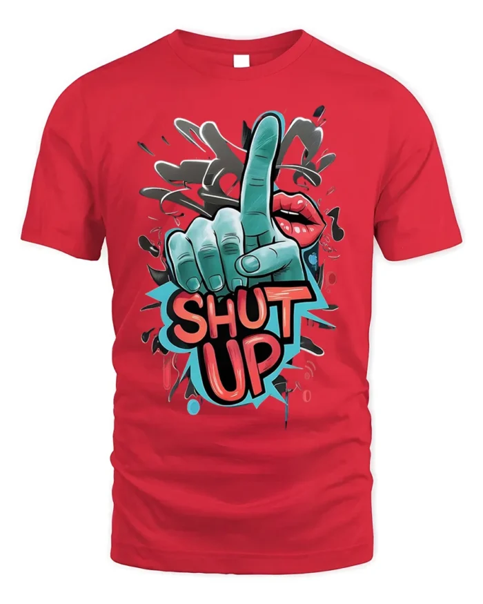 Shut Up Graffiti Style Bold Graphic Statement T-Shirt - red t-shirt on white background