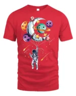 Astronaut Floating with Planet Balloons Space Art T-Shirt - red t-shirt on white background