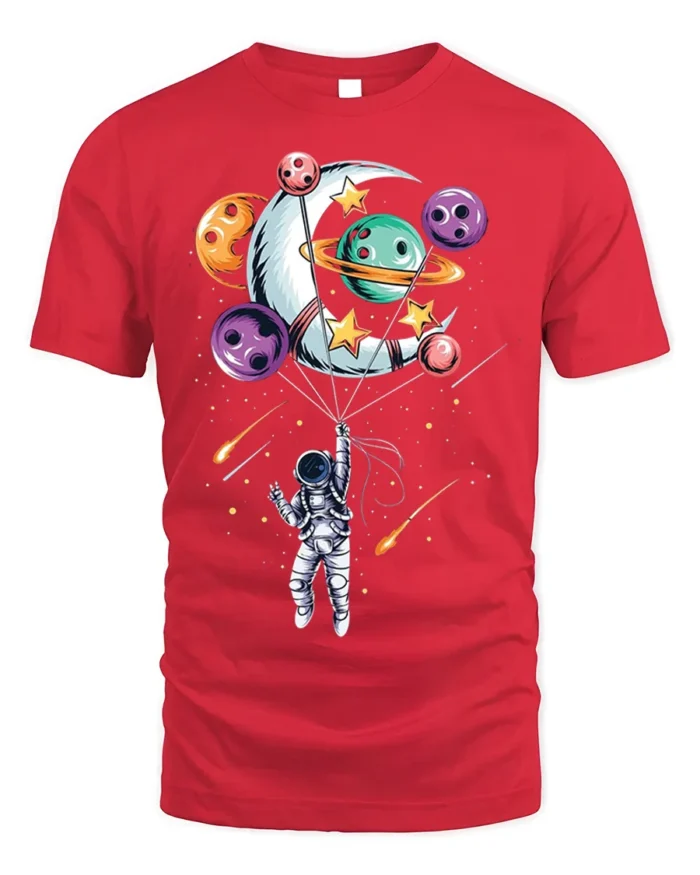 Astronaut Floating with Planet Balloons Space Art T-Shirt - red t-shirt on white background
