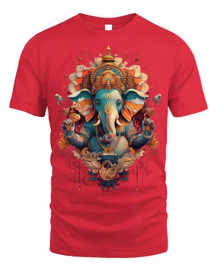 Colorful Lord Ganesha Hindu Art Spiritual T-Shirt Design - red t-shirt on white background