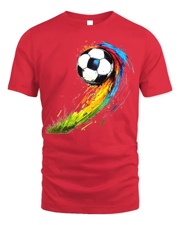 Color Splash Soccer Ball Graphic T-Shirt for Sports Fans - red t-shirt on white background