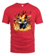 Drum Set on Fire T-Shirt Cool Rock Music Graphic - red t-shirt on white background