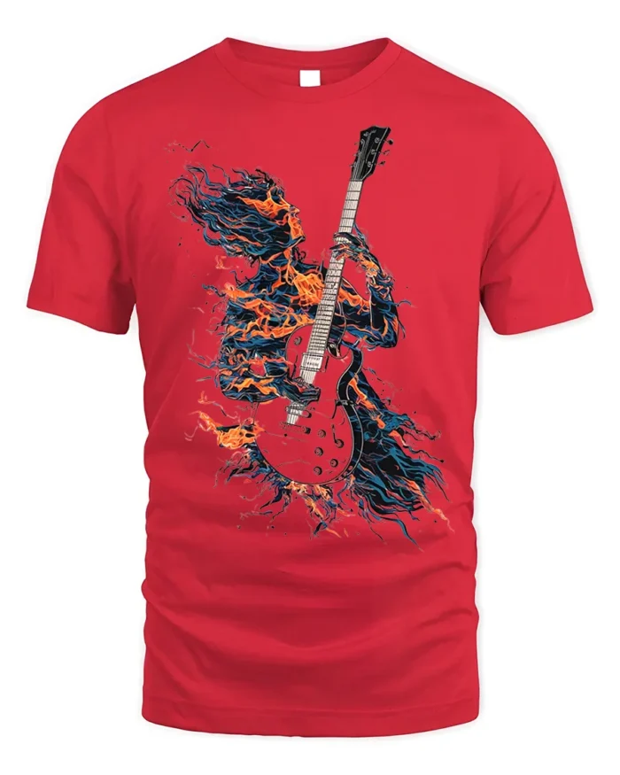 Flaming Guitarist T-Shirt Electric Fire Music Graphic - red t-shirt on white background