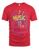 Music Is Life T-Shirt Colorful Neon Style Music Lover - red t-shirt on white background